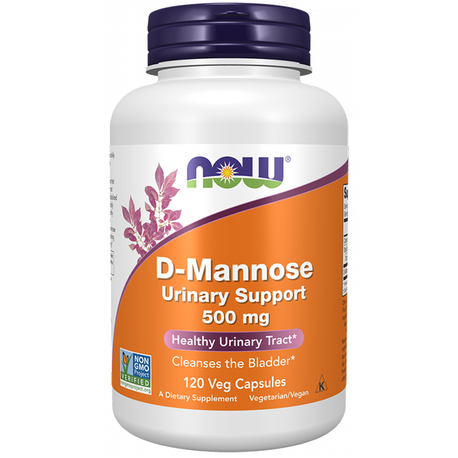 NOW Foods D-Mannose Urinary Support 500 mg, 120 veg capsules, supports a healthy urinary tract and promotes bladder cleansing.