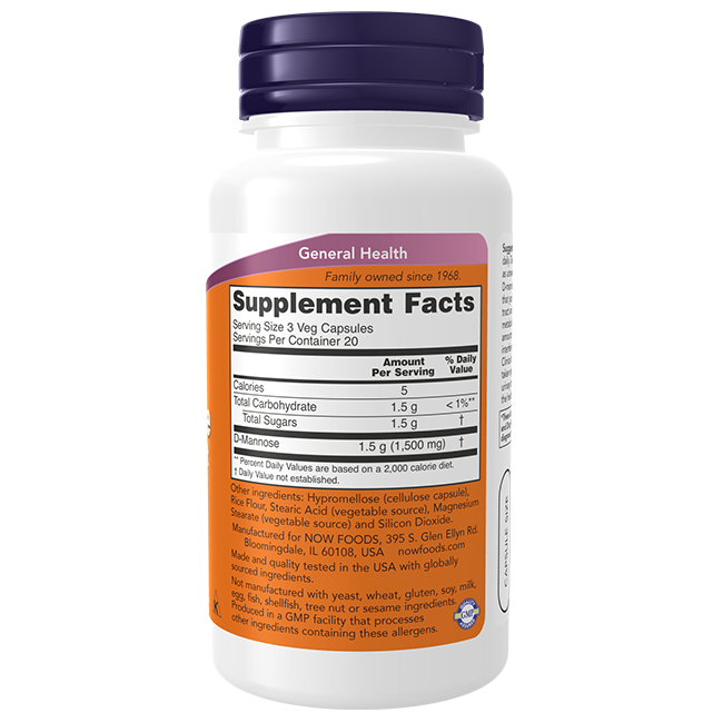Now Foods D-Mannose Urinary Support 500 mg, 120 Veg Capsules. White bottle with a label showing nutrition facts, ingredients, serving size (2 capsules), and manufacturer details. Supports general health and urinary tract wellness.