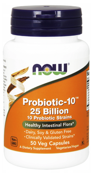 Now Foods Probiotic-10 25 Billion 50 vege capsules is a powerful supplement containing 5 billion live cultures to support digestion and boost immunity.