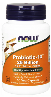 Thumbnail for Now Foods Probiotic-10 25 Billion 50 vege capsules is a powerful supplement containing 5 billion live cultures to support digestion and boost immunity.