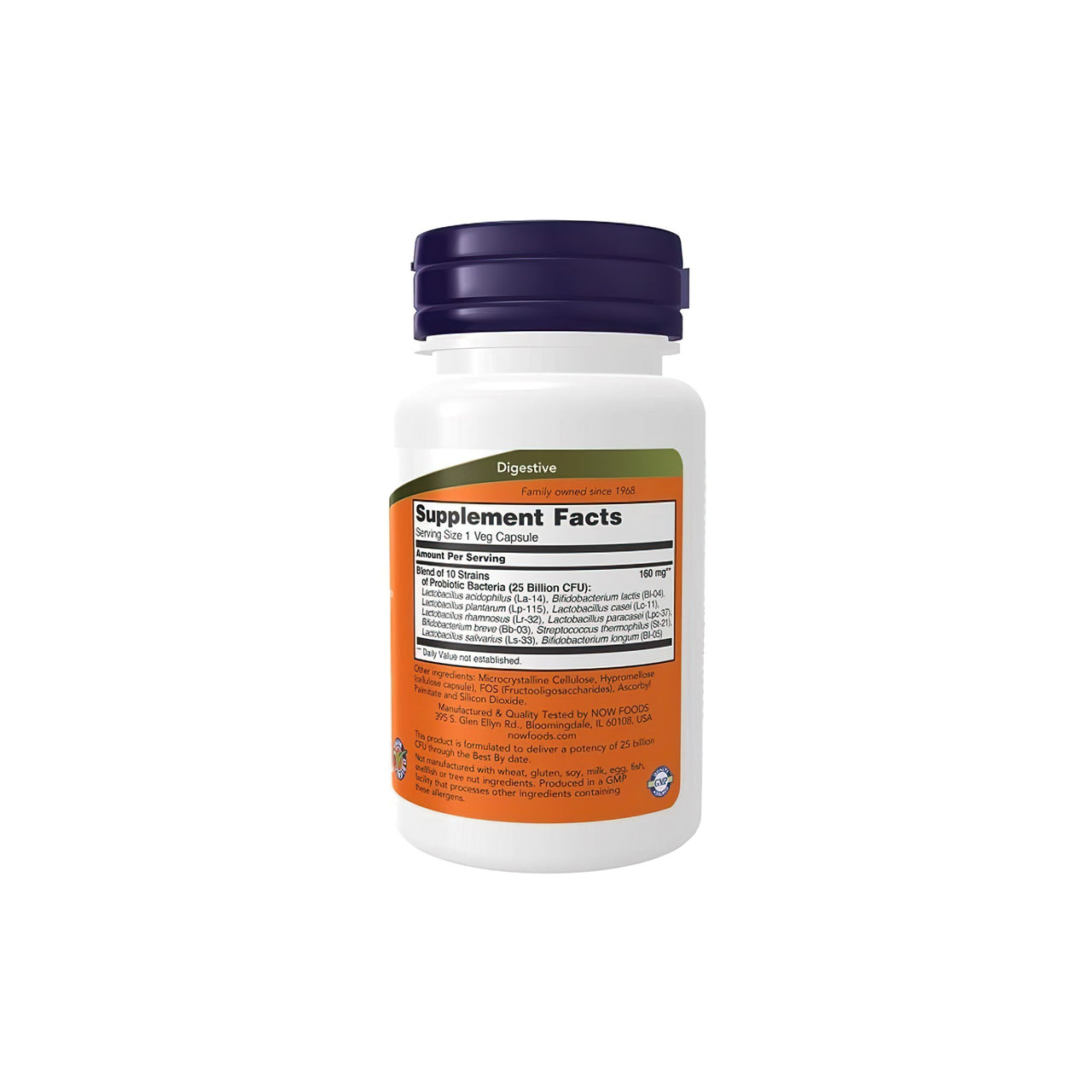 A bottle of Probiotic-10 25 Billion 50 vege capsules, known for boosting immunity and aiding digestion, on a white background. (Brand: Now Foods)