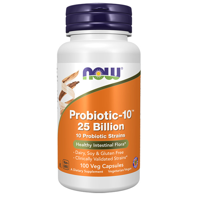 Now Foods Probiotic-10 25 Billion CFU provides 10 probiotic strains for healthy intestinal microflora. This dairy, soy, and gluten-free supplement comes in a white bottle with 100 vegetarian capsules.