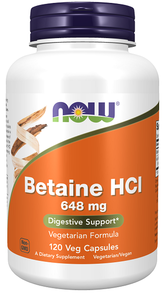 Now Foods Betaine HCI is a dietary supplement in the form of 648 mg vege capsules.