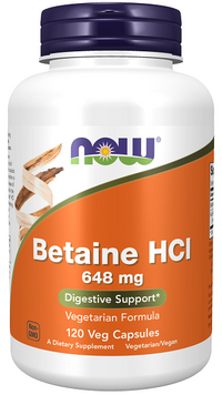 Thumbnail for Now Foods Betaine HCI is a dietary supplement in the form of 648 mg vege capsules.