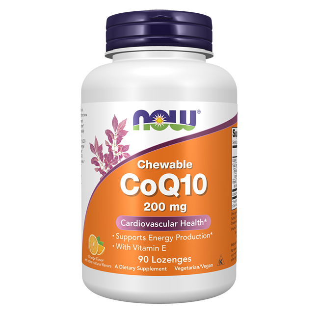 A bottle of Now Foods Chewable Coenzyme Q10 200 mg, Orange Flavor, includes 90 lozenges for heart health, energy support, and antioxidant benefits.