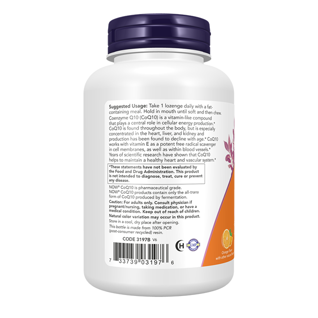 Back view of a Now Foods Chewable Coenzyme Q10 200 mg 90 Lozenges (Orange Flavor) bottle showing usage instructions, product details, and a barcode, with antioxidant support and potential heart health benefits.