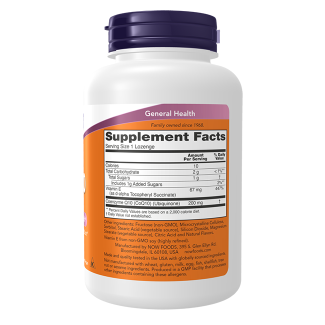 White plastic bottle with orange and white label, purple lid, and Now Foods branding. Labeled “Supplement Facts”—each lozenge delivers 200 mg Chewable Coenzyme Q10 in orange flavor. Supports heart health with antioxidant properties. 90 lozenges per bottle.