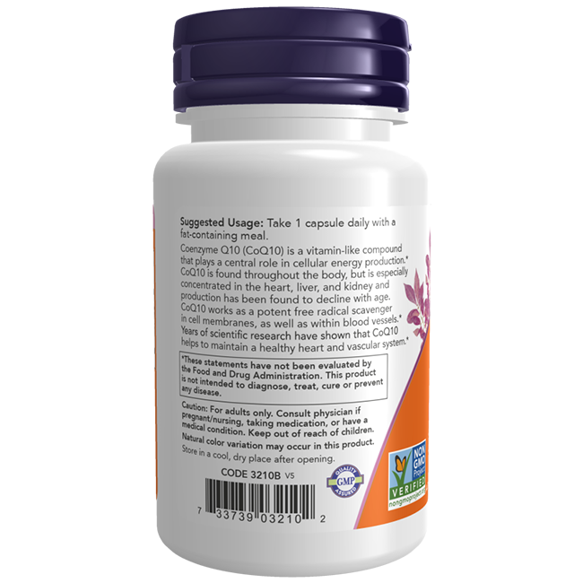 A bottle of Now Foods Coenzyme Q10 (CoQ10) 100 mg with Hawthorn Berry 30 Veg Capsules prominently displays a label that details suggested usage, benefits, and warnings. Adorned with certification logos, this essential blend supports heart health by incorporating Coenzyme Q10 along with beneficial ingredients like Hawthorn Berry to promote optimal wellness.