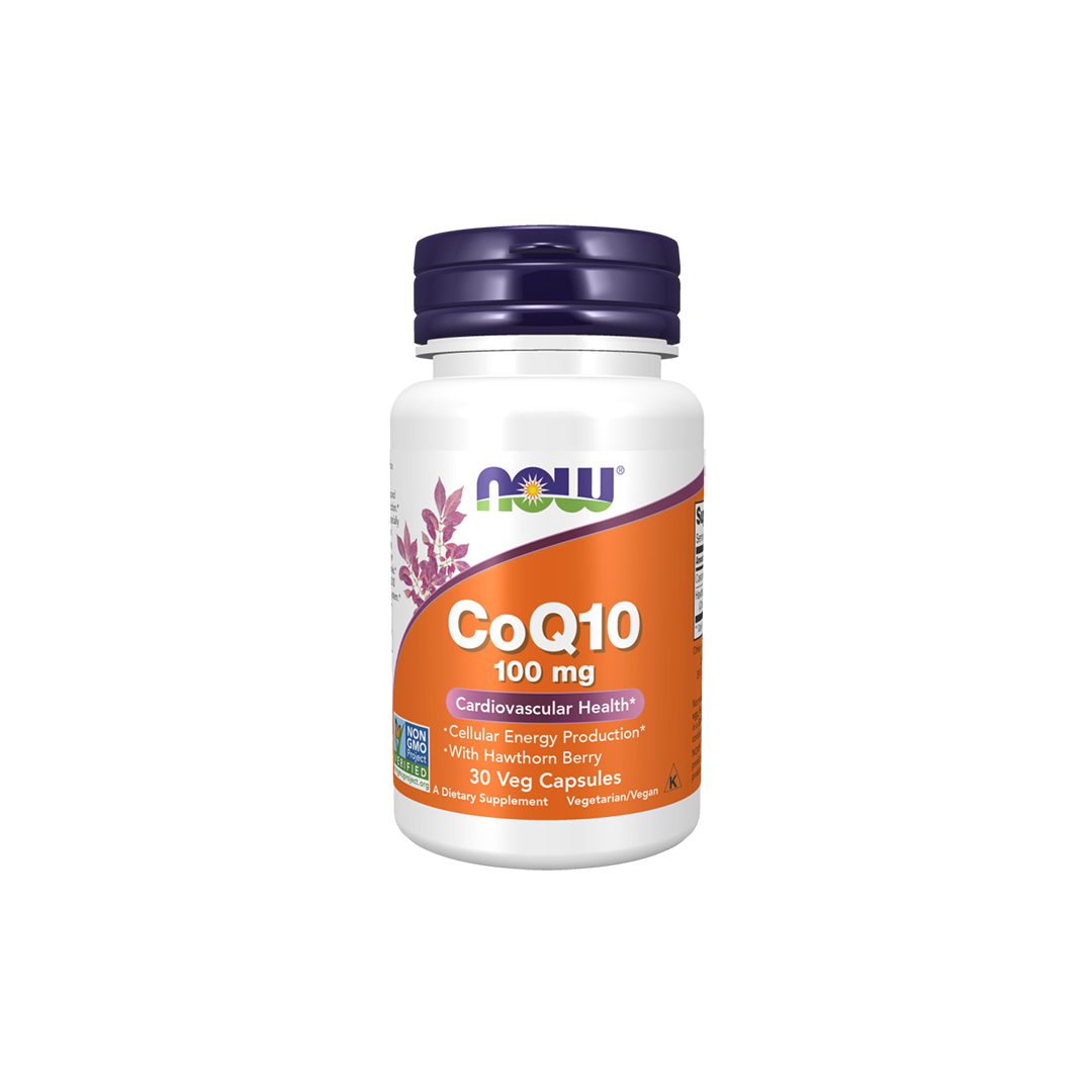 The Coenzyme Q10 (CoQ10) 100 mg with Hawthorn Berry, available in a bottle of 30 vegetarian capsules from Now Foods, is specially labeled for supporting heart health and cellular energy production.