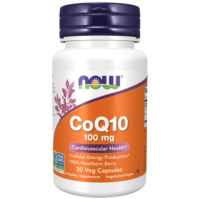 A bottle of Now Foods' Coenzyme Q10 (CoQ10) supplement, 100 mg, featuring 30 vegetarian capsules. The label highlights heart health benefits and includes the advantages of Hawthorn Berry for optimal cardiovascular support.