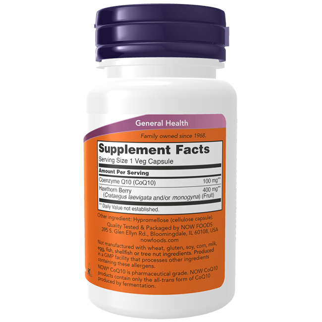 The product "Coenzyme Q10 (CoQ10) 100 mg with Hawthorn Berry" by Now Foods is available in a capsule form, featuring 100 mg of Coenzyme Q10 and 400 mg of Hawthorn Berry per capsule, designed to support heart health. The capsules include hypromellose and rice flour and come in a bottle labeled "General Health.