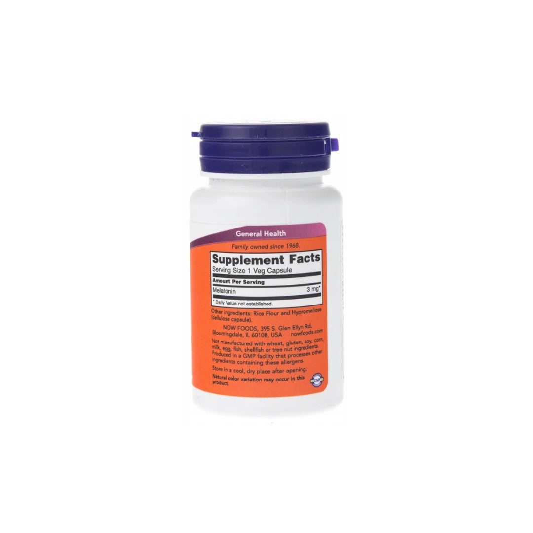 A bottle of Now Foods Melatonin 3 mg 60 vege capsules on a white background.