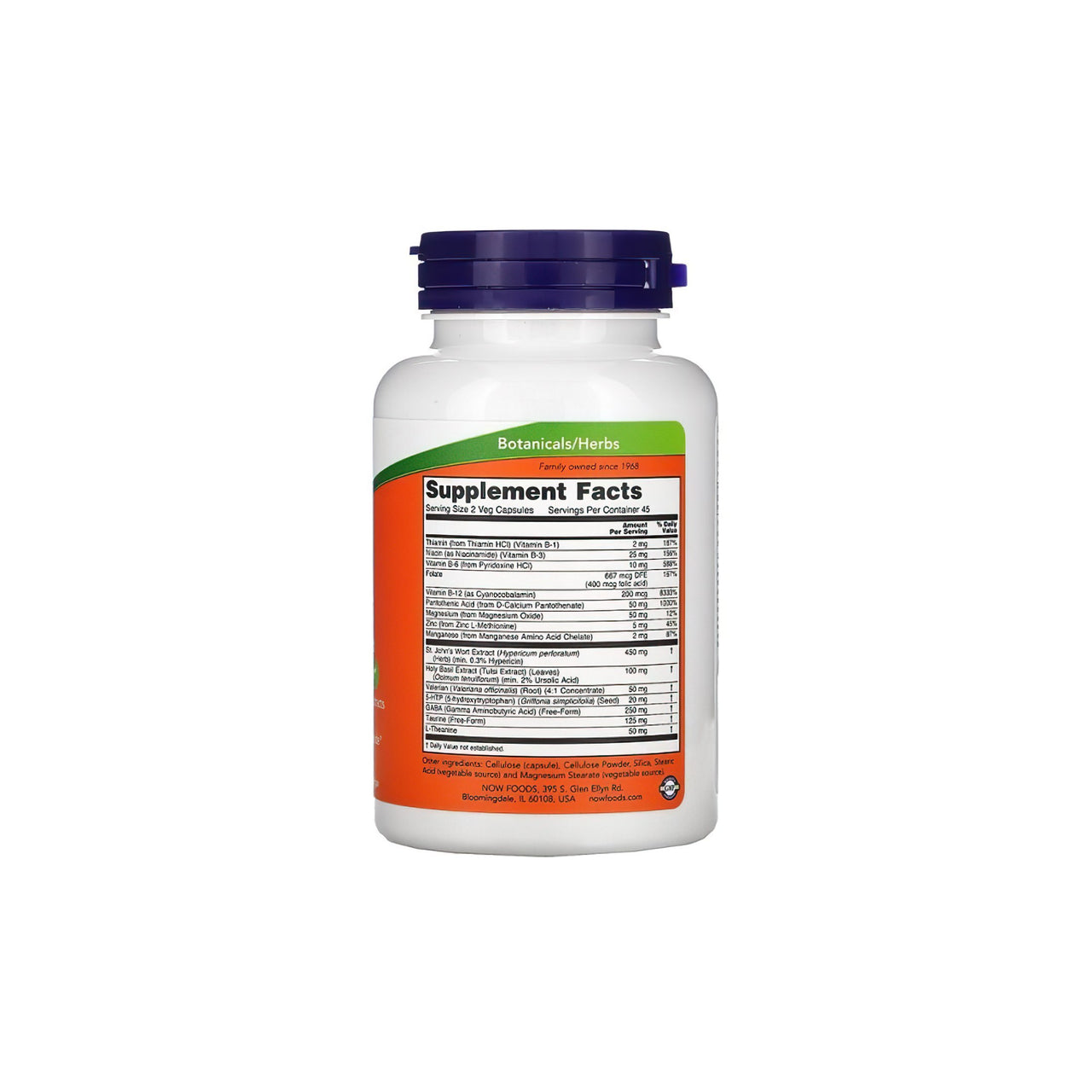 A bottle of Now Foods Mood Support 90 vege capsules on a white background, promoting a balanced mood and positive attitude.