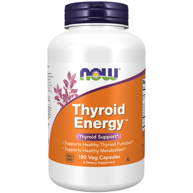 A bottle of Thyroid Energy 180 Veg Capsules by Now Foods, designed for optimal thyroid health and metabolism support, features vibrant purple and orange branding. Contains 180 vegetarian capsules.