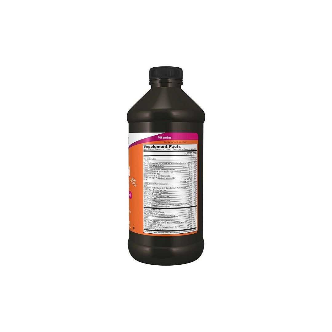 A bottle of Now Foods Liquid Multivitamins & Minerals Tropical Orange Flavor 473 ml on a white background.