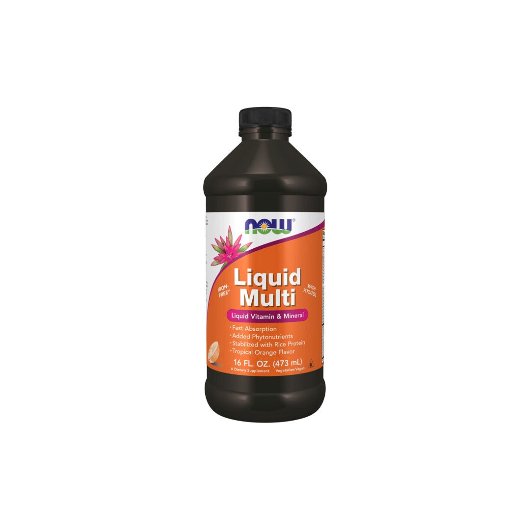A bottle of Liquid Multivitamins & Minerals Tropical Orange Flavor 473 ml by Now Foods on a white background.