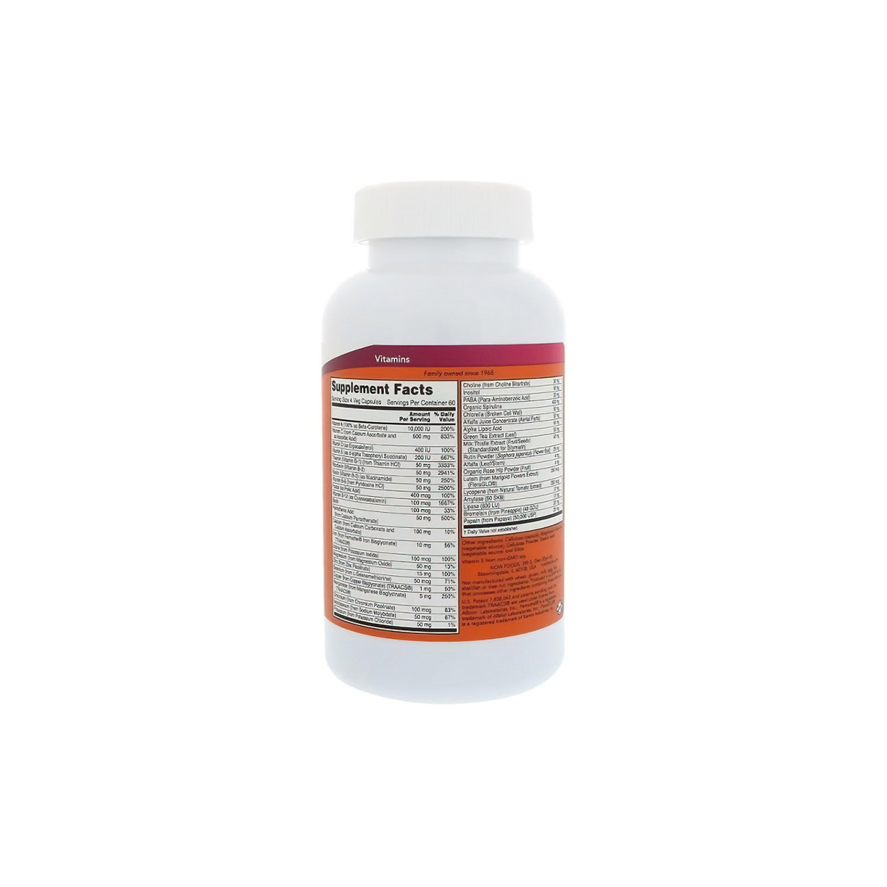 A bottle of Now Foods Special Two Multivitamin 240 vege capsules on a white background.