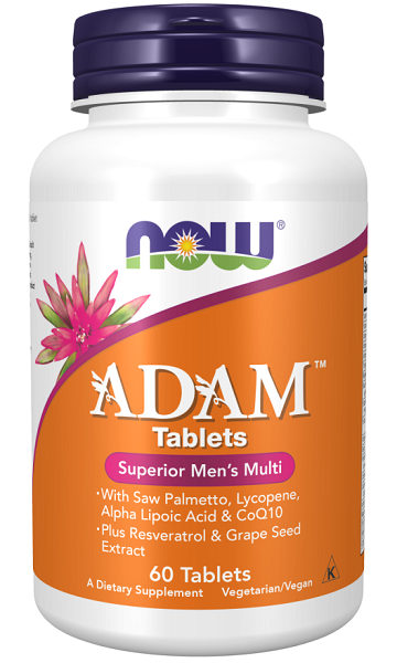 A bottle of ADAM Multivitamins & Minerals for Man 60 vege tablets by Now Foods.