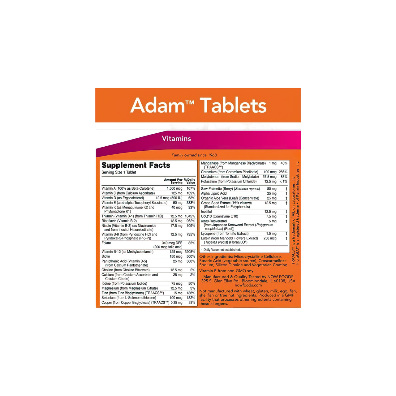 Now Foods ADAM Multivitamins & Minerals for Man 60 vege tablets on a white background.
