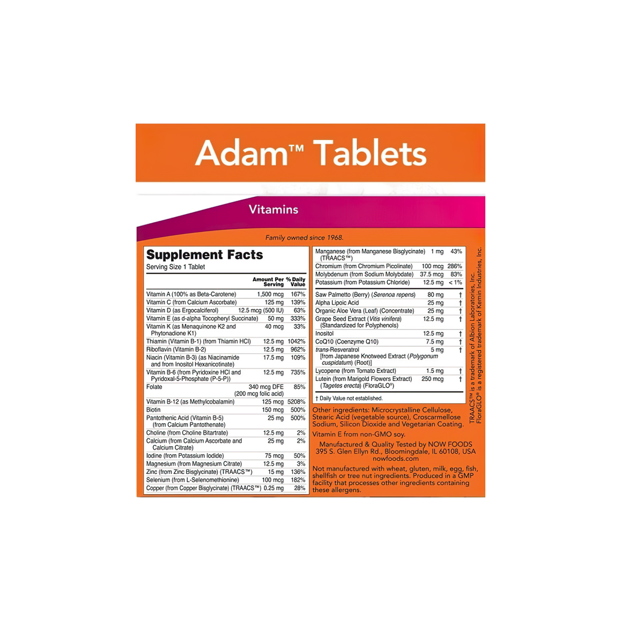 Now Foods ADAM Multivitamins & Minerals for Man 120 vege tablets with a label on the front.