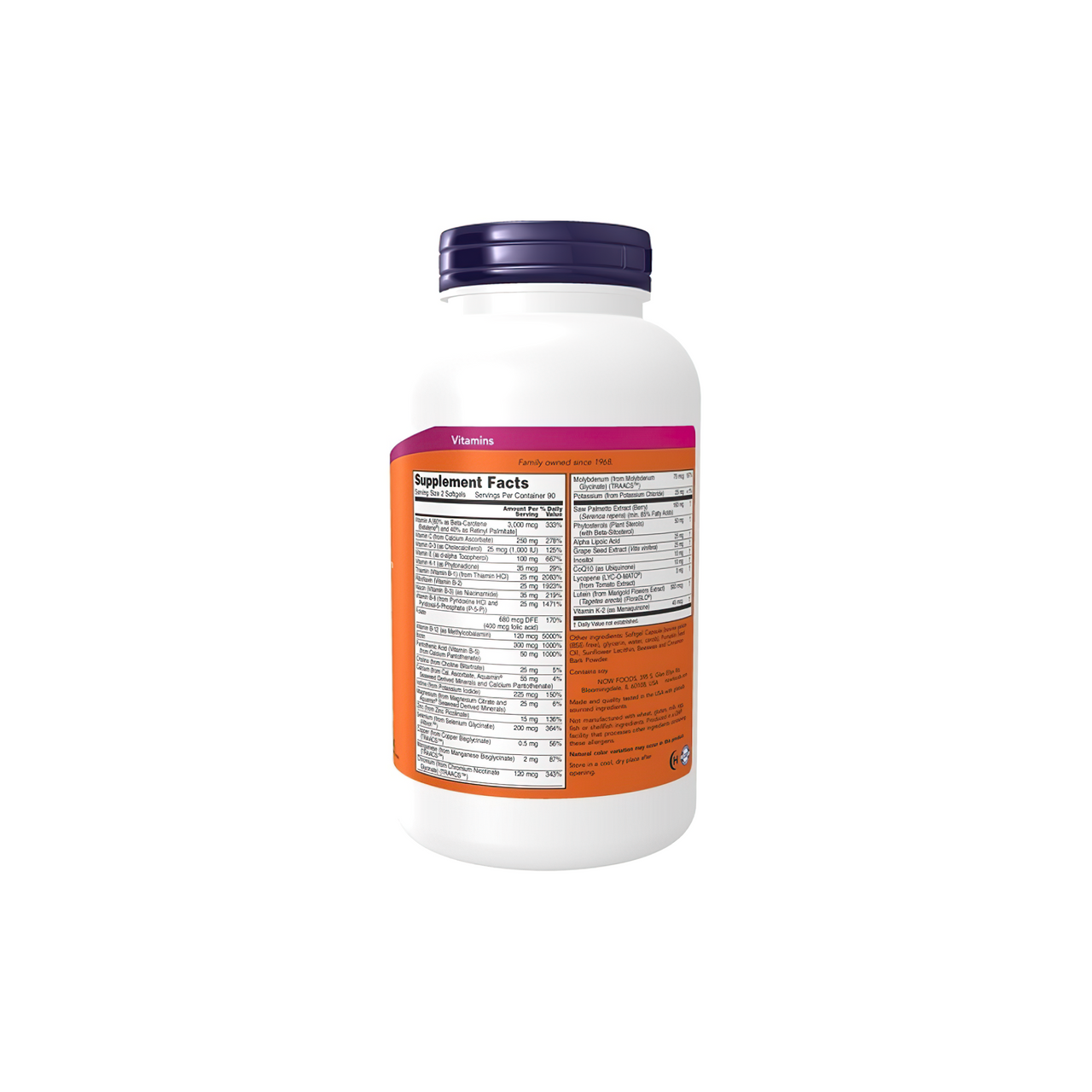 A bottle of Now Foods ADAM Multivitamins & Minerals for Man 180 sgel on a white background.