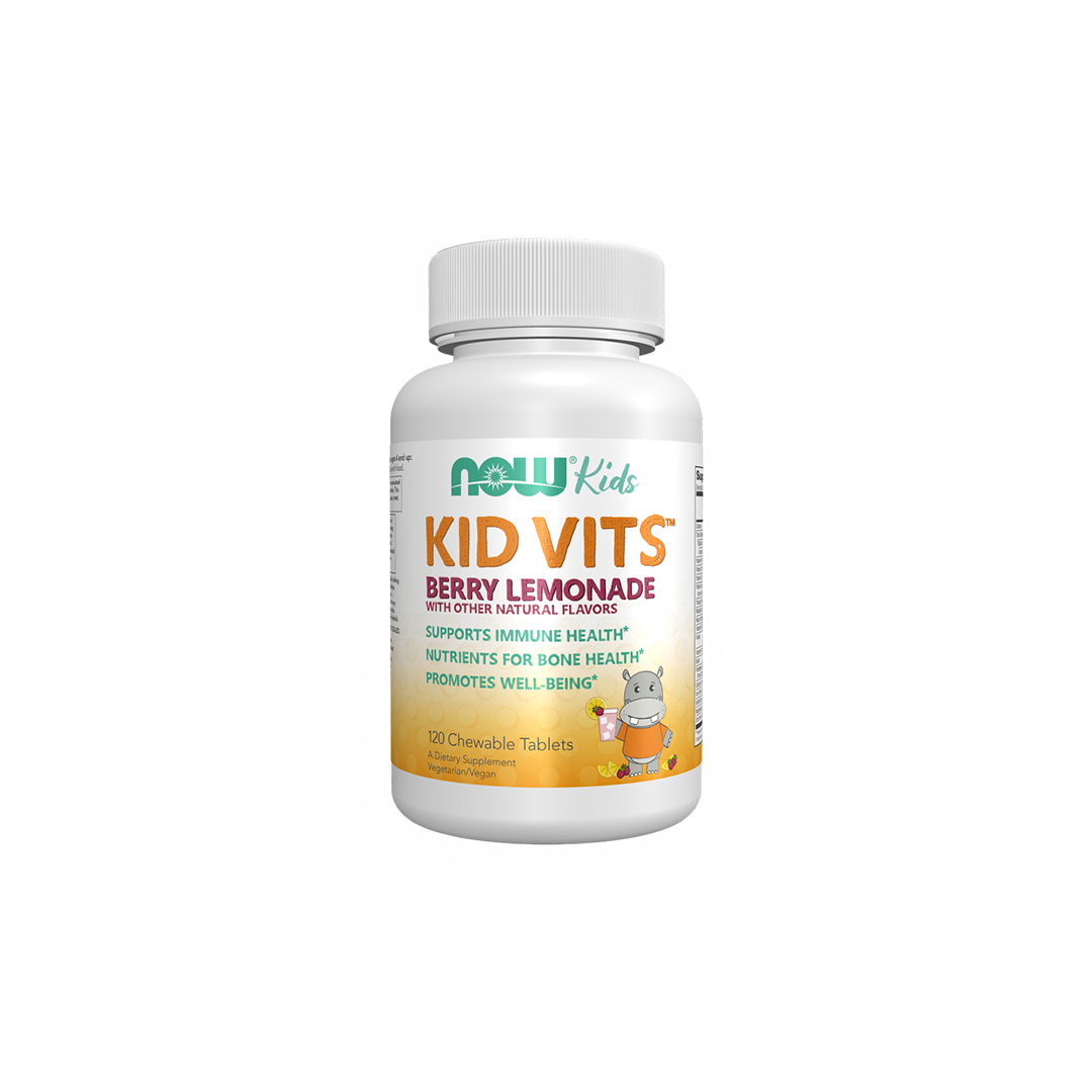 A white bottle of Now Foods Kid Vits Berry Lemonade 120 Chewable Tablets, a children's multivitamin for immune and bone health, features a cartoon character on the label.
