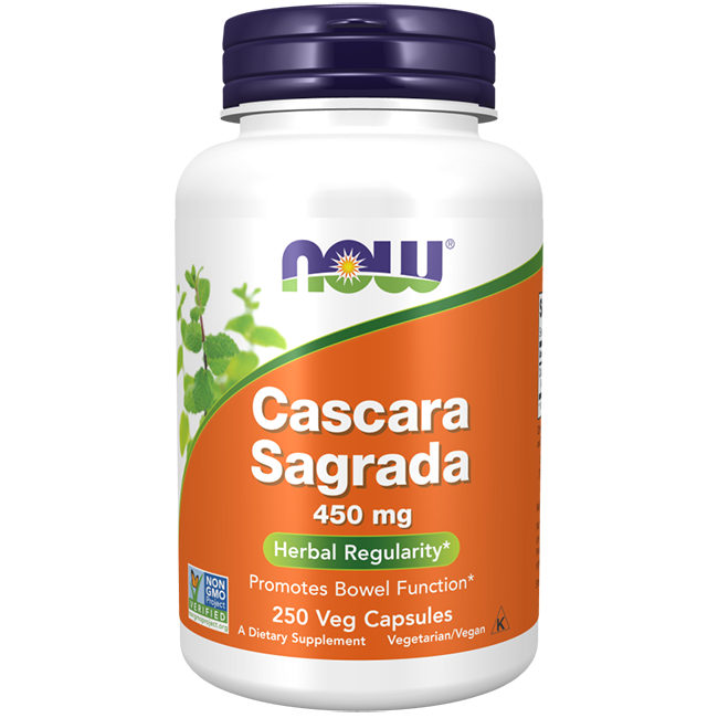 A bottle of Now Foods Cascara Sagrada 450 mg, a natural laxative supporting digestive health, contains 250 vegetarian capsules and is Non-GMO Project Verified.