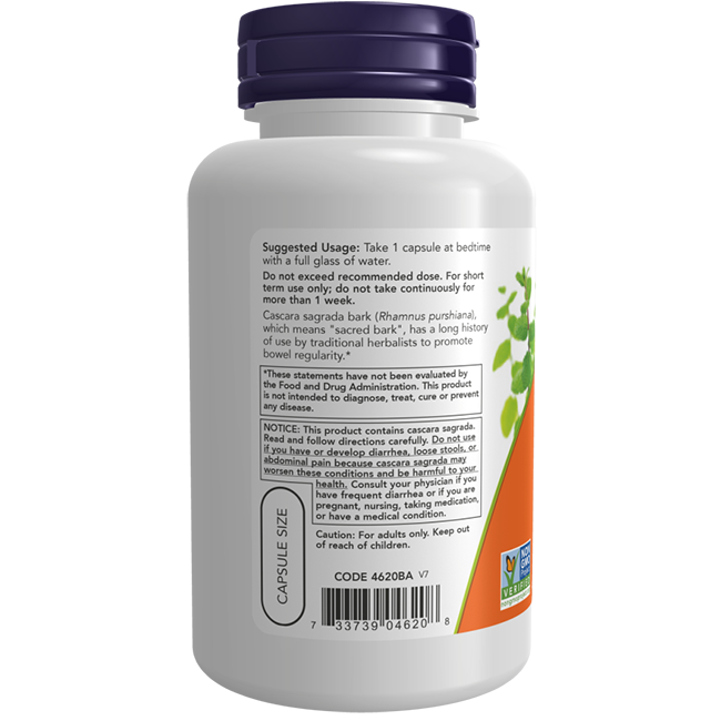 Now Foods Cascara Sagrada 450 mg, 250 Veg Capsules come in a white bottle with a purple cap. The label features directions, warnings, and product info. Contains natural laxative bark to help support digestive health.