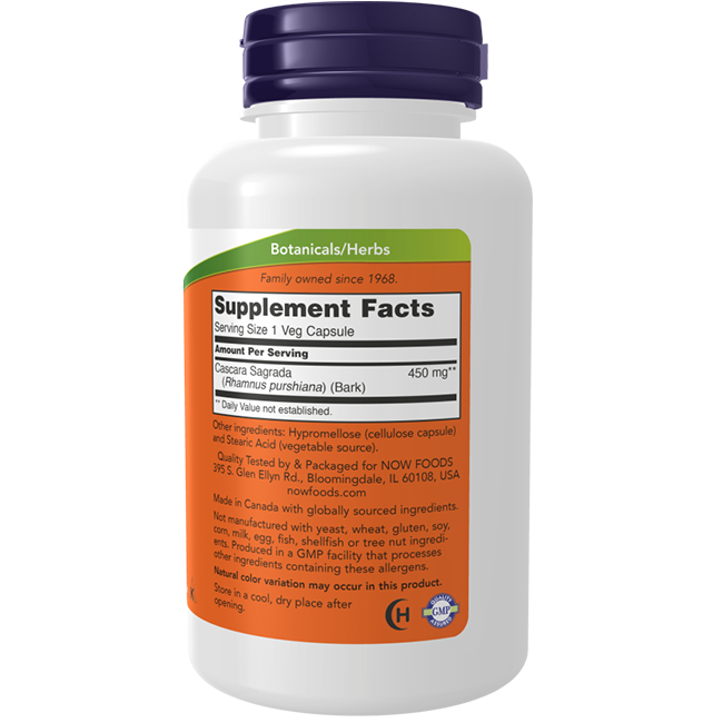NOW Foods Cascara Sagrada 450 mg, 250 Veg Capsules, supports digestive health as a natural laxative. Comes in a white bottle with orange and green label, from the Botanical/Herbs line.