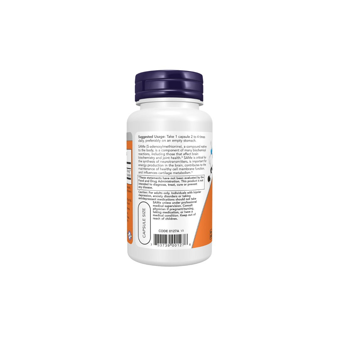 White Now Foods SAMe 200 mg 60 Veg Capsules bottle, displaying detailed nutritional information and usage instructions on its label for mental well-being.