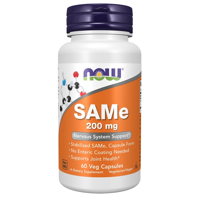 A bottle of Now Foods SAMe 200 mg 60 Veg Capsules dietary supplement with labeling that highlights features such as nervous system support and no enteric coating needed, containing 60 vegetarian capsules.