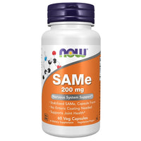 Thumbnail for A bottle of Now Foods SAMe 200 mg 60 Veg Capsules dietary supplement with labeling that highlights features such as nervous system support and no enteric coating needed, containing 60 vegetarian capsules.
