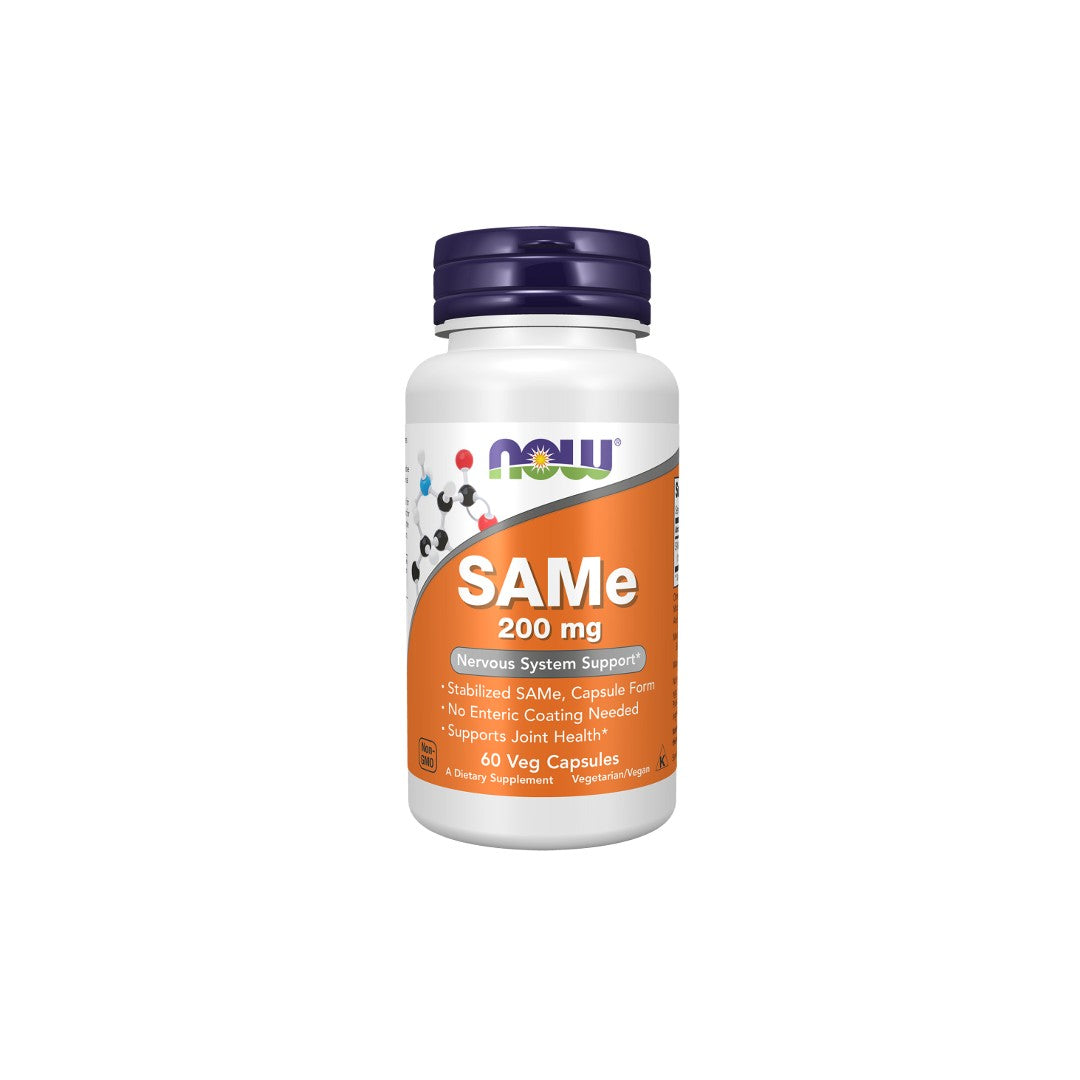Bottle of Now Foods SAMe 200 mg 60 Veg Capsules supplement, with label stating it supports the nervous system.