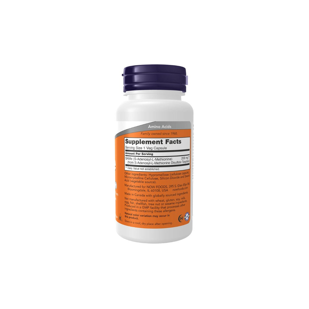 A white supplement bottle with an orange label, displaying nutritional information and a warning panel for Now Foods SAMe 200 mg 60 Veg Capsules.