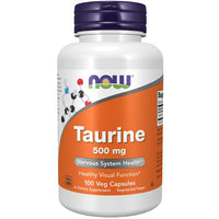 Thumbnail for Now Foods Taurine 500 mg 100 Veg Capsules dietary supplement, marketed for heart health and healthy visual function.