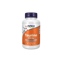 Thumbnail for A bottle of Now Foods Taurine 500 mg supplements, labeled for heart health and healthy visual function, containing 100 veg capsules.