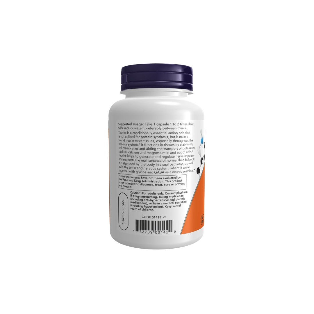 A white supplement bottle with a blue lid, containing Now Foods Taurine Double Strength 1000 mg 250 Veg Capsules for heart health, displaying nutritional information and usage instructions on the label.