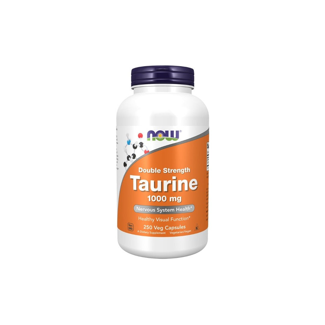 A bottle of Now Foods Taurine Double Strength 1000 mg supplements, labeled for heart health, containing 250 veg capsules.