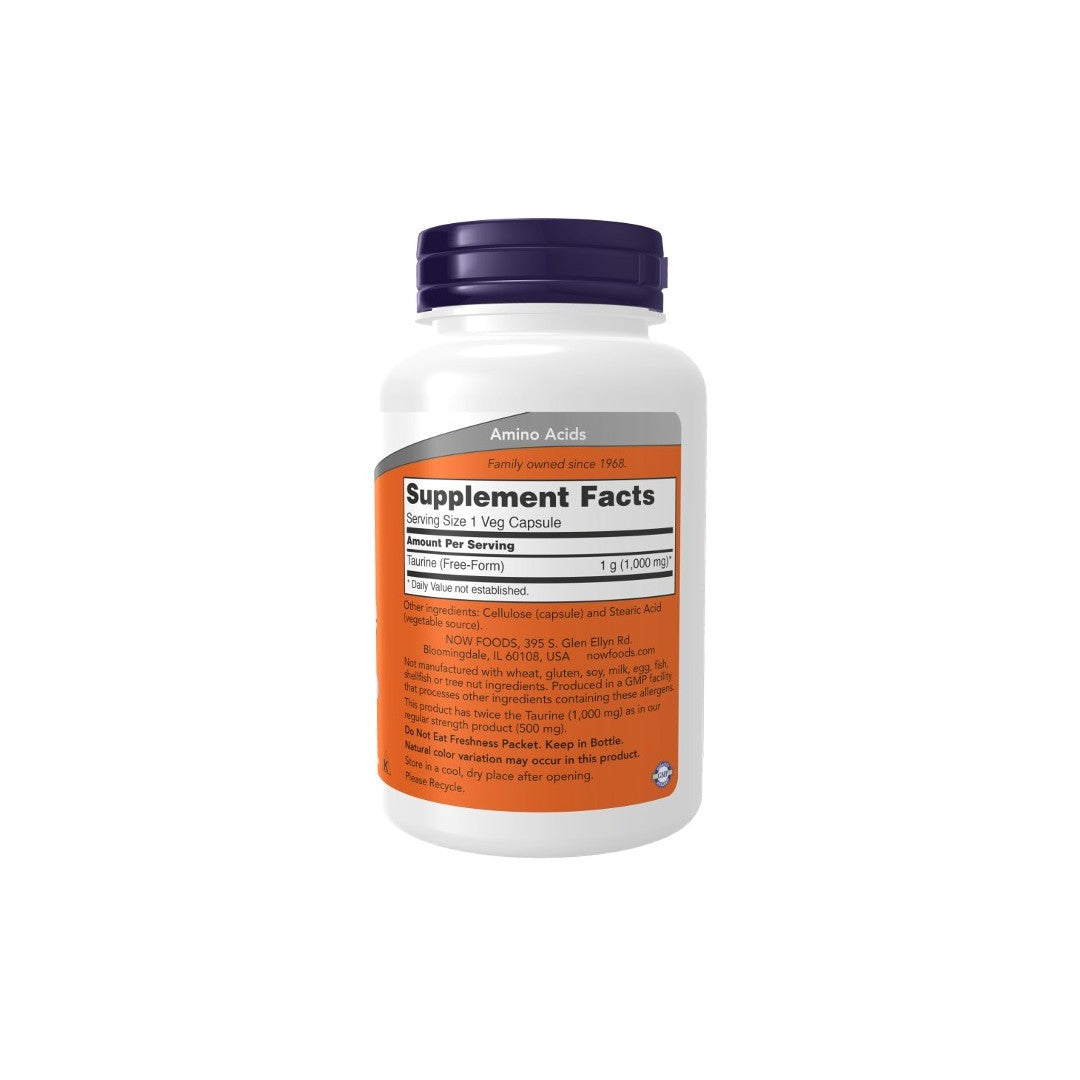 A white supplement bottle with an orange label displaying nutritional information and ingredients for Taurine Double Strength 1000 mg 250 Veg Capsules, essential for heart health by Now Foods.