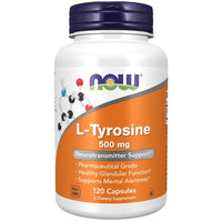 Thumbnail for A white bottle of Now Foods brand L-Tyrosine 500 mg 120 Capsules dietary supplement. The label highlights pharmaceutical grade, healthy glandular function, thyroid health, and mental alertness. Contains 120 capsules to support neurotransmitter synthesis.