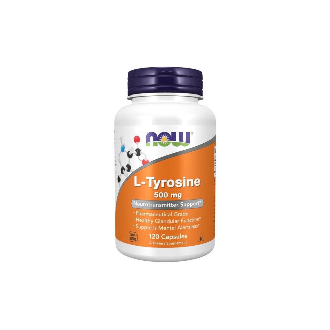 A bottle of Now Foods L-Tyrosine 500 mg 120 Capsules, with labels indicating it supports neurotransmitter synthesis, healthy glandular function, and mental alertness for optimal mental health.