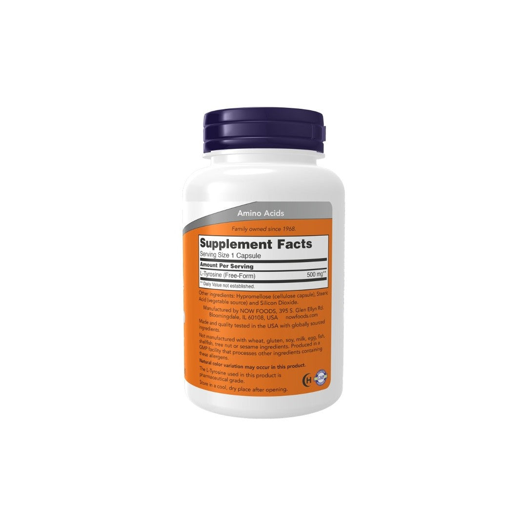 A white bottle of **Now Foods L-Tyrosine 500 mg 120 Capsules** with a black lid and an orange label displaying supplement facts and product information, including benefits for mental health and neurotransmitter synthesis with L-Tyrosine.