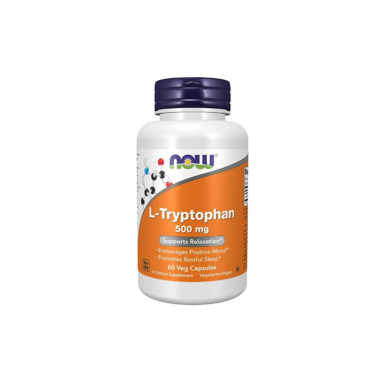 A bottle of Now Foods L-Tryptophan 500 mg 60 Vegetable Capsules, a supplement for relaxation and stress reduction, promoting healthy sleep patterns.