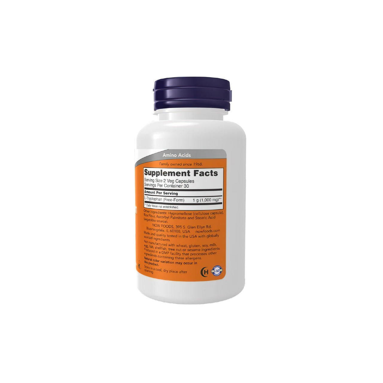 A bottle of NOW Foods L-Tryptophan 500 mg 60 Vegetable Capsules on a white background promoting relaxation and stress reduction.