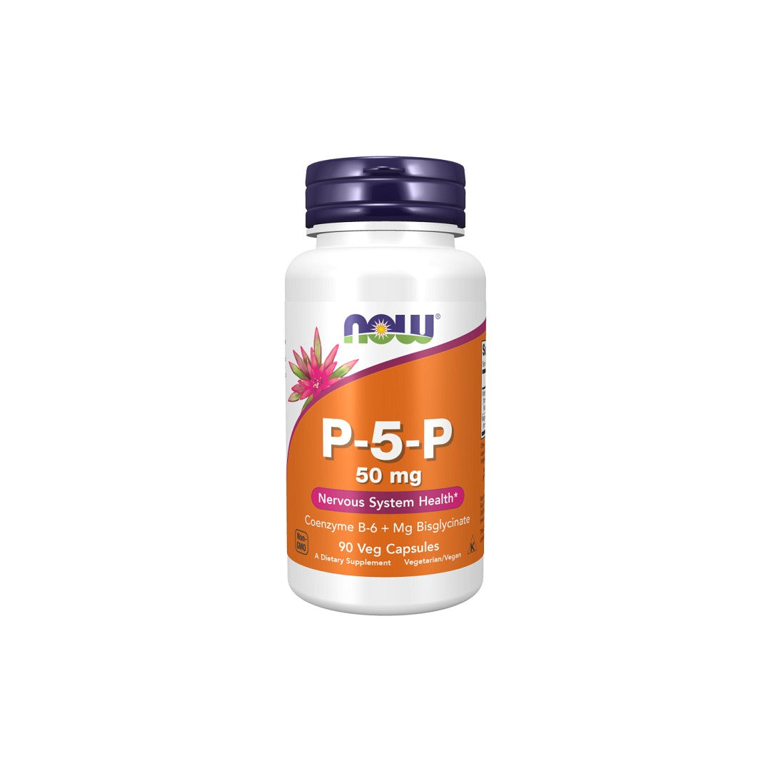 A bottle of Now Foods Vitamin B6 50 mg (P-5-P) supplement, promoting nervous system health, and containing 90 veg capsules.