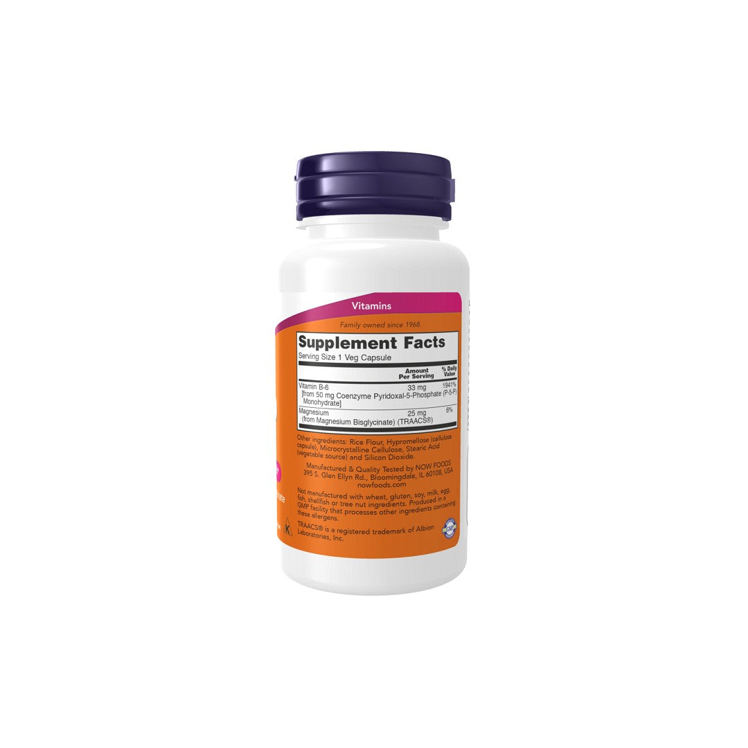 A bottle of Now Foods Vitamin B6 50 mg (P-5-P) 90 Veg Capsules with an orange and white label listing supplement facts on a white background, promoting metabolism and immune system support.