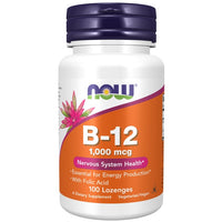 Thumbnail for A bottle of Now Foods Vitamin B-12 Cyanocobalamin 1000 mcg, 100 lozenges, supports nervous system and energy metabolism; suitable for vegetarians and vegans.