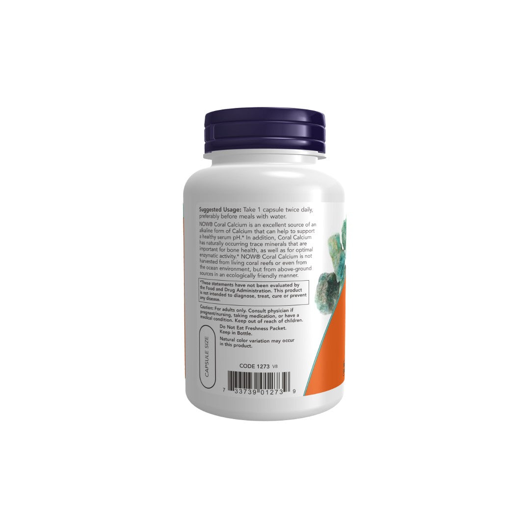 A supplement bottle with a white label showing usage directions and ingredients, and an orange label section featuring broccoli imagery and highlighting Now Foods CORAL Calcium 1000 mg 100 Veg Capsules for Bone and Tooth Health.