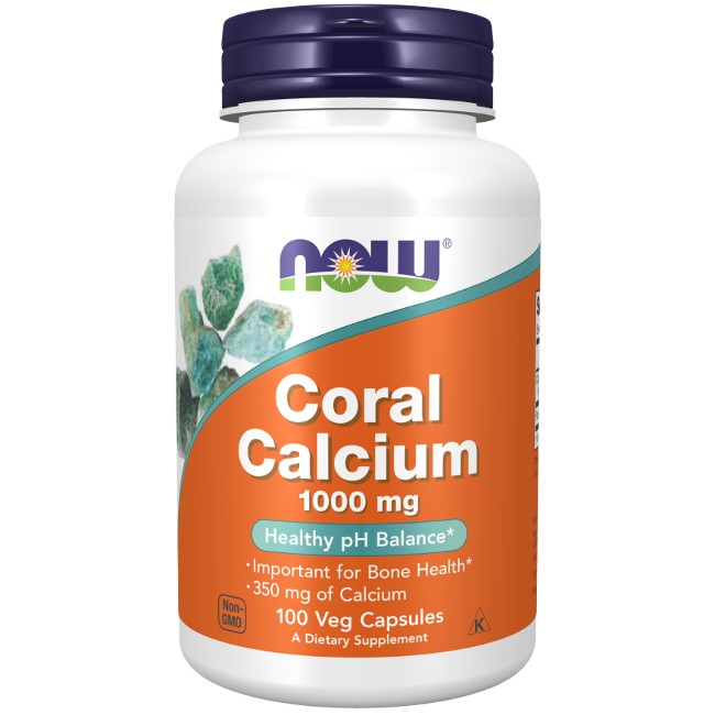 Bottle of NOW Foods CORAL Calcium 1000 mg 100 Veg Capsules, promoting bone health and muscle function.
