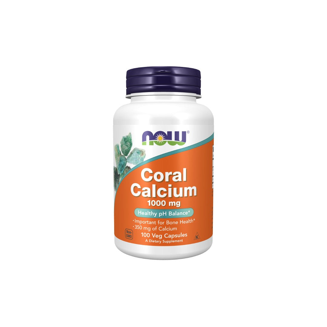 A bottle of Now Foods CORAL Calcium 1000 mg dietary supplements, highlighting its benefits for bone and muscle function.